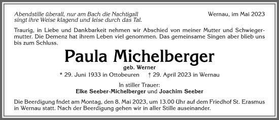Traueranzeige von Paula Michelberger von Memminger Zeitung