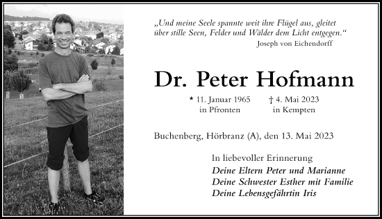 Traueranzeige von Peter Hofmann von Allgäuer Zeitung,Kempten