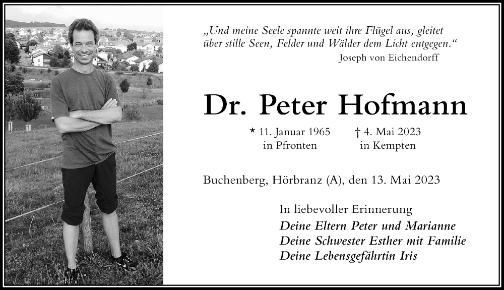  Traueranzeige für Peter Hofmann vom 13.05.2023 aus Allgäuer Zeitung,Kempten