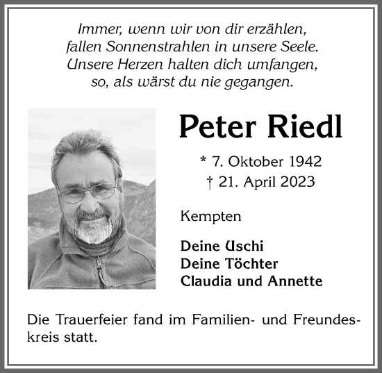 Traueranzeige von Peter Riedl von Allgäuer Zeitung,Kempten