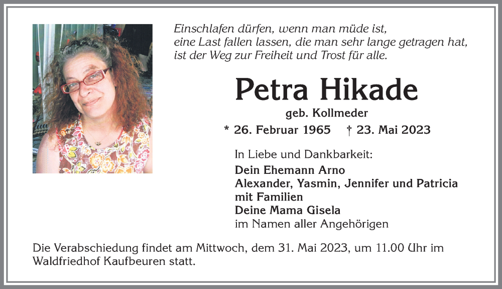  Traueranzeige für Petra Hikade vom 27.05.2023 aus Allgäuer Zeitung, Kaufbeuren/Buchloe