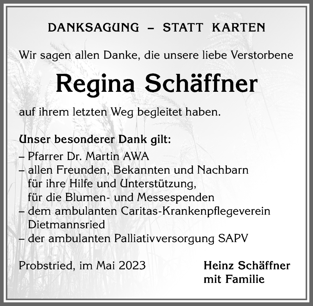  Traueranzeige für Regina Schäffner vom 27.05.2023 aus Allgäuer Zeitung,Kempten