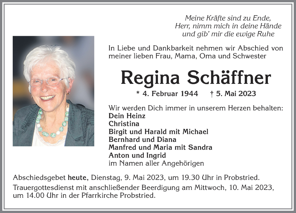  Traueranzeige für Regina Schäffner vom 09.05.2023 aus Allgäuer Zeitung,Kempten