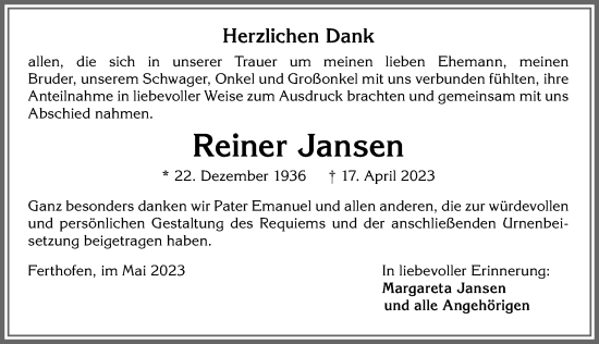 Traueranzeige von Reiner Jansen von Memminger Zeitung