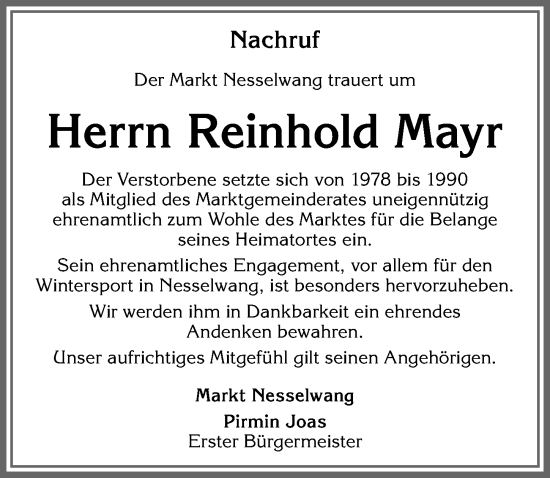 Traueranzeige von Reinhold Mayr von Allgäuer Zeitung, Füssen