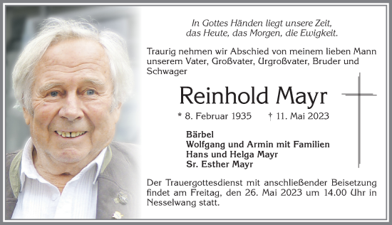 Traueranzeige von Reinhold Mayr von Allgäuer Zeitung, Füssen