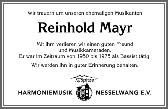 Traueranzeige von Reinhold Mayr von Allgäuer Zeitung, Füssen