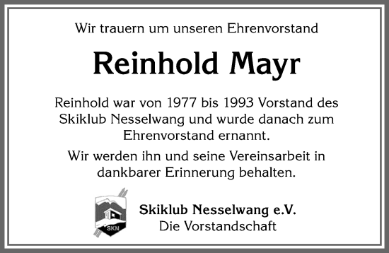 Traueranzeige von Reinhold Mayr von Allgäuer Zeitung, Füssen