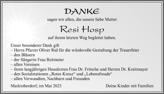 Traueranzeige von Resi Hosp von Allgäuer Zeitung, Marktoberdorf