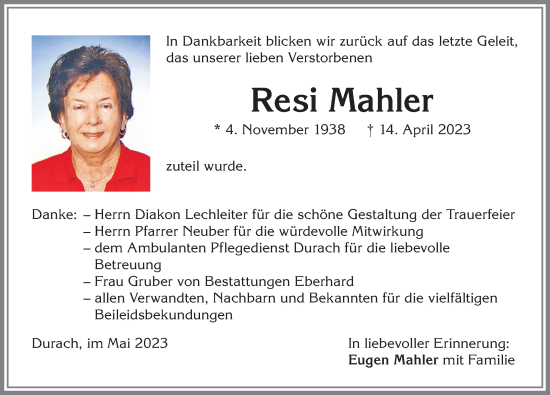 Traueranzeige von Resi Mahler von Allgäuer Zeitung,Kempten