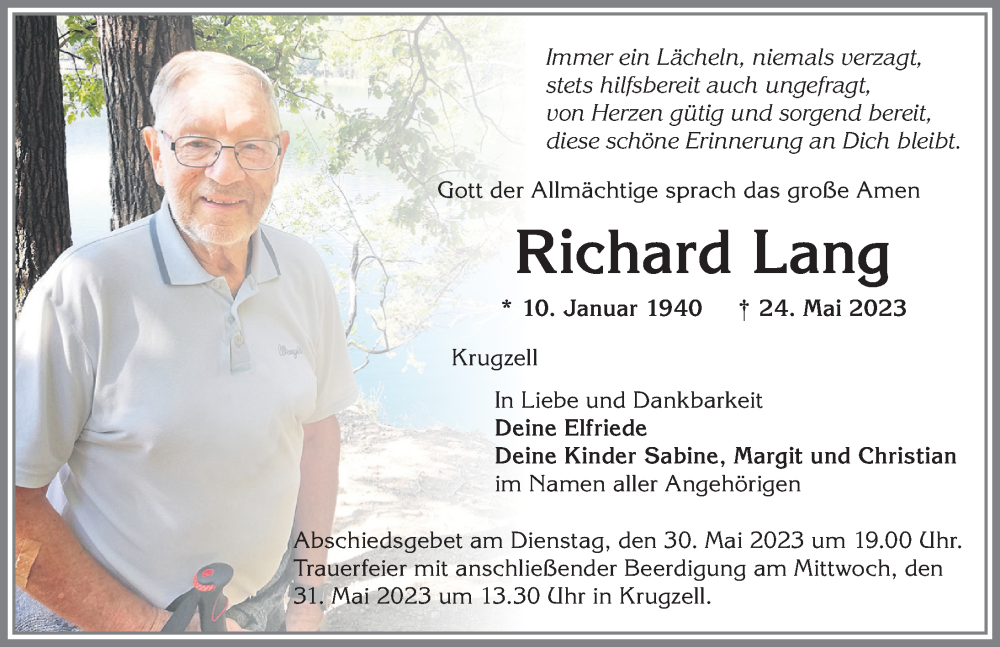  Traueranzeige für Richard Lang vom 27.05.2023 aus Allgäuer Zeitung,Kempten
