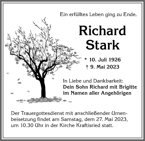 Traueranzeige von Richard Stark von Allgäuer Zeitung, Marktoberdorf