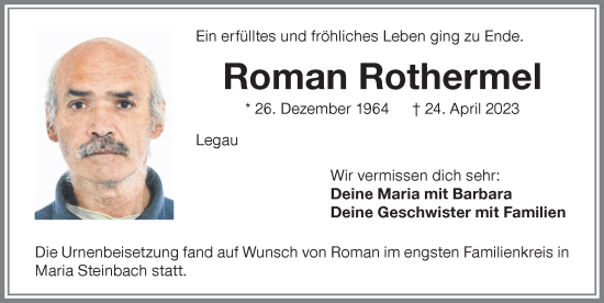Traueranzeige von Roman Rothermel von Memminger Zeitung