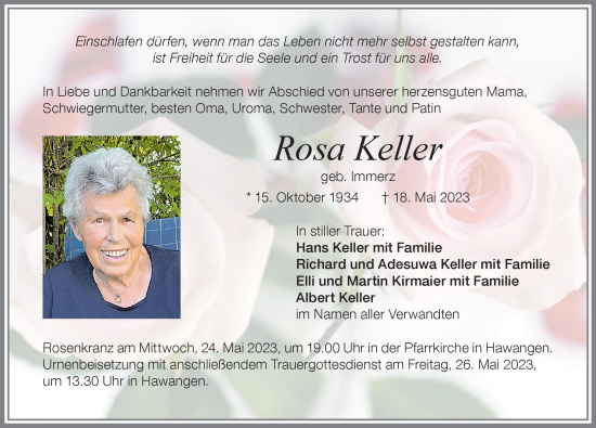 Traueranzeige von Rosa Keller von Memminger Zeitung