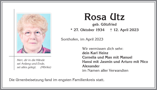 Traueranzeige von Rosa Utz von Allgäuer Anzeigeblatt
