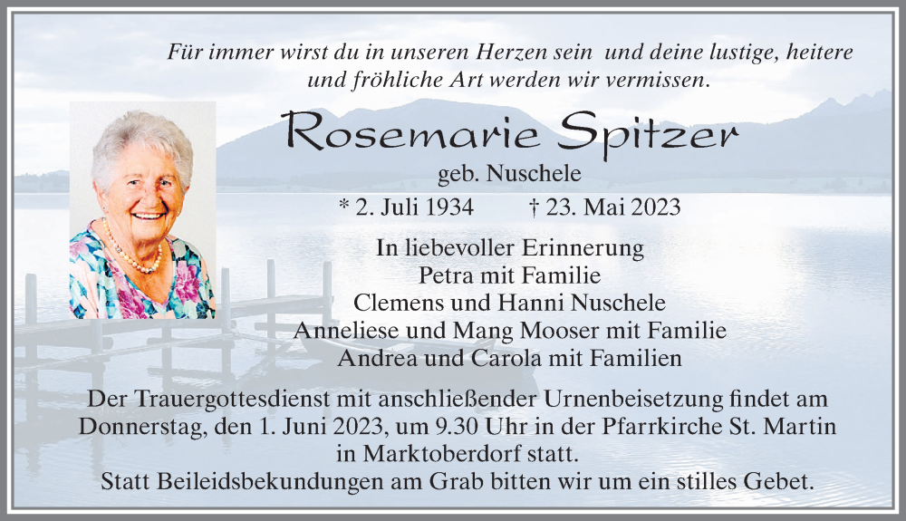  Traueranzeige für Rosemarie Spitzer vom 27.05.2023 aus Allgäuer Zeitung, Marktoberdorf