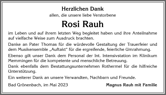 Traueranzeige von Rosi Rauh von Memminger Zeitung