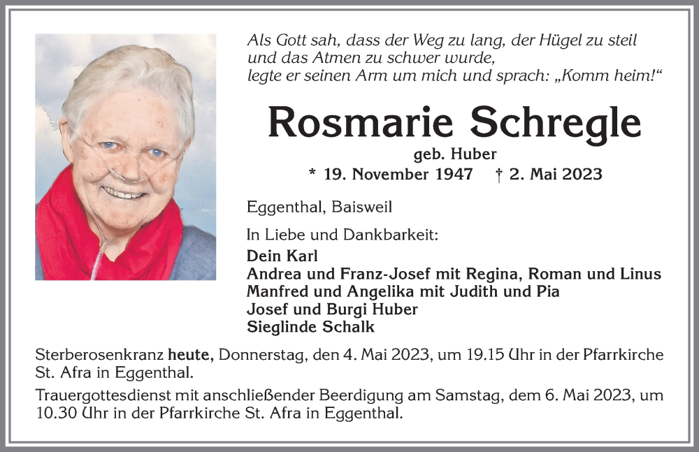  Traueranzeige für Rosmarie Schregle vom 04.05.2023 aus Allgäuer Zeitung, Kaufbeuren/Buchloe