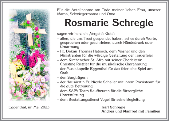 Traueranzeige von Rosmarie Schregle von Allgäuer Zeitung, Kaufbeuren/Buchloe