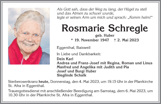 Traueranzeige von Rosmarie Schregle von Allgäuer Zeitung, Kaufbeuren/Buchloe