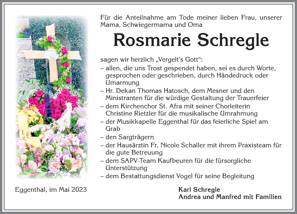  Traueranzeige für Rosmarie Schregle vom 27.05.2023 aus Allgäuer Zeitung, Kaufbeuren/Buchloe