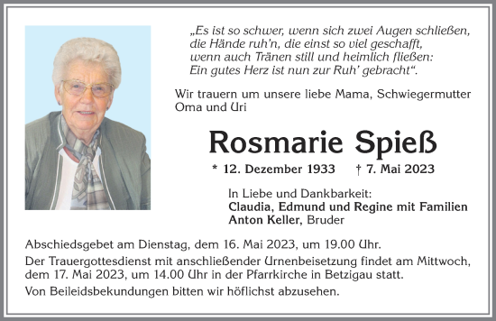 Traueranzeige von Rosmarie Spieß von Allgäuer Zeitung,Kempten