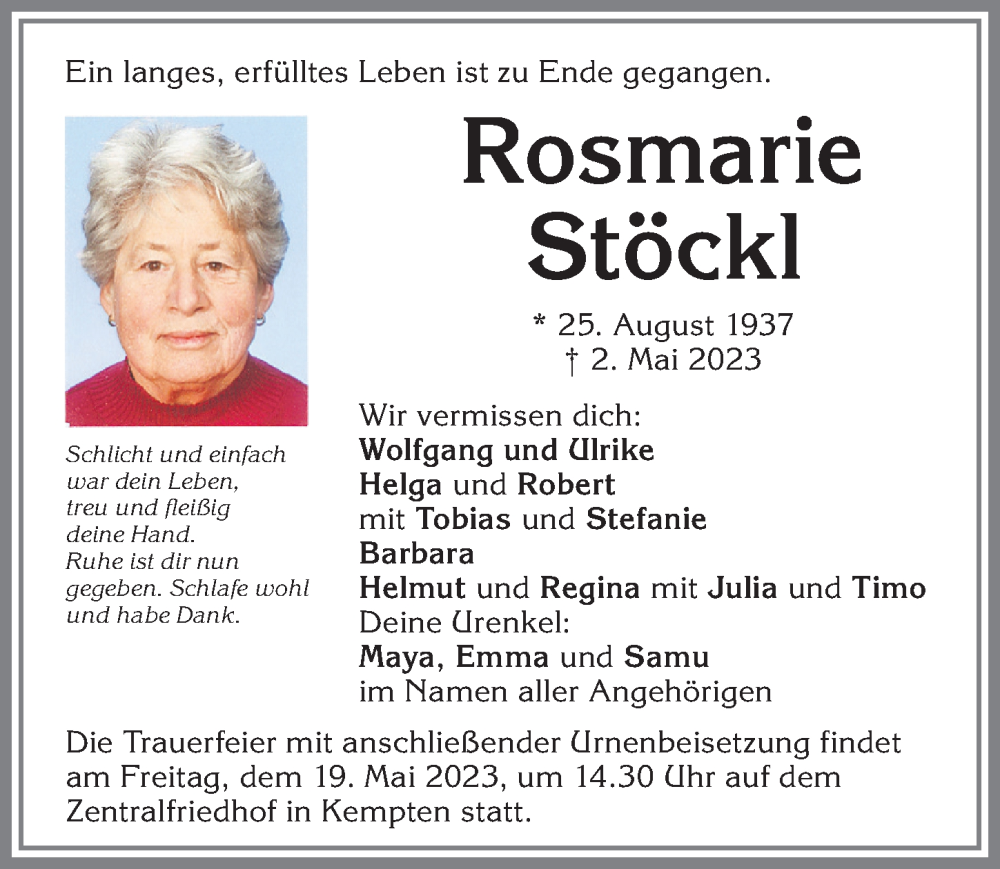  Traueranzeige für Rosmarie Stöckl vom 13.05.2023 aus Allgäuer Zeitung,Kempten