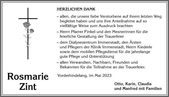 Traueranzeige von Rosmarie Zint von Allgäuer Anzeigeblatt