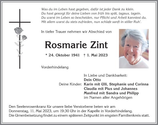 Traueranzeige von Rosmarie Zint von Allgäuer Anzeigeblatt