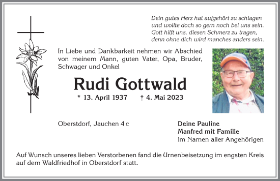 Traueranzeige von Rudi Gottwald von Allgäuer Anzeigeblatt