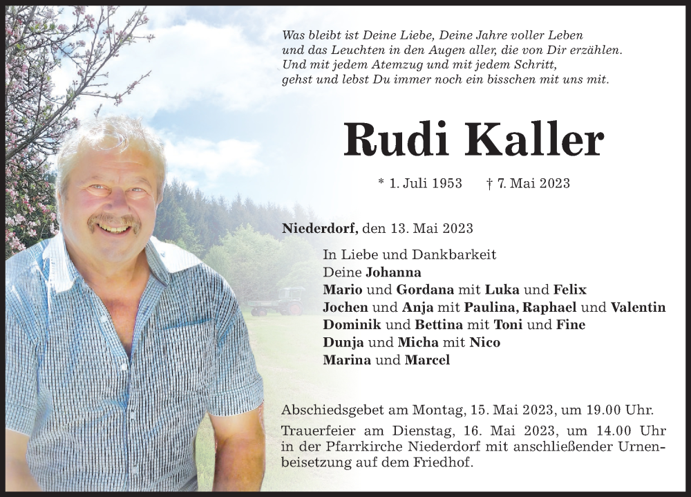  Traueranzeige für Rudi Kaller vom 13.05.2023 aus Memminger Zeitung