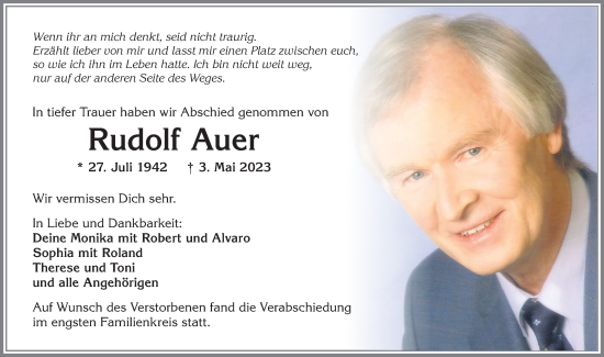 Traueranzeige von Rudolf Auer von Allgäuer Zeitung, Kaufbeuren/Buchloe