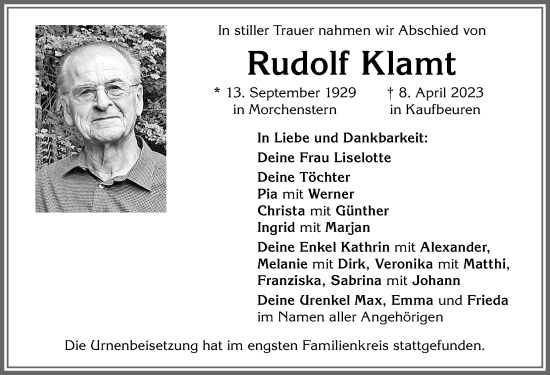 Traueranzeige von Rudolf Klamt von Allgäuer Zeitung, Kaufbeuren/Buchloe