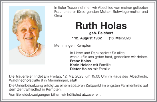 Traueranzeige von Ruth Holas von Memminger Zeitung