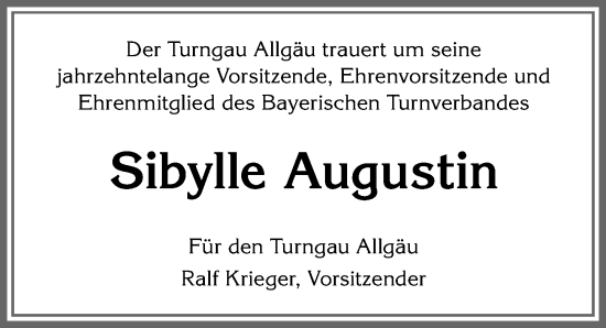 Traueranzeige von Sibylle Augustin von Allgäuer Zeitung,Kempten