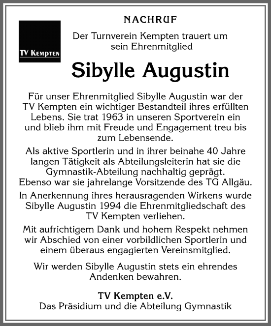 Traueranzeige von Sibylle Augustin von Allgäuer Zeitung,Kempten