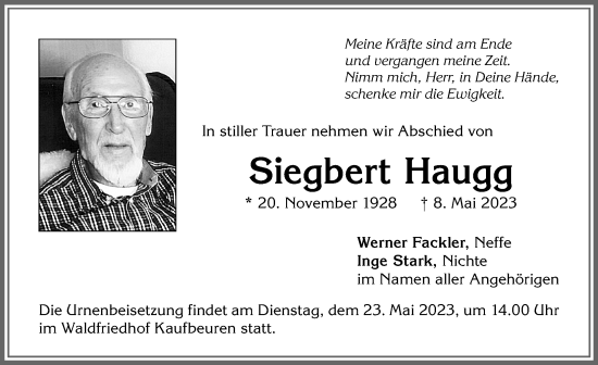 Traueranzeige von Siegbert Haugg von Allgäuer Zeitung, Kaufbeuren/Buchloe