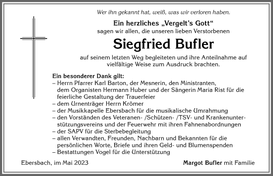 Traueranzeige von Siegfried Bufler von Allgäuer Zeitung, Marktoberdorf
