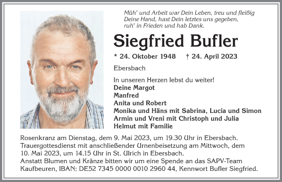 Traueranzeige von Siegfried Bufler von Allgäuer Zeitung, Marktoberdorf