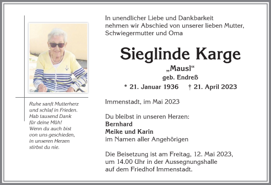 Traueranzeige von Sieglinde Karge von Allgäuer Anzeigeblatt