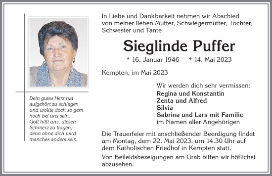 Traueranzeige von Sieglinde Puffer von Allgäuer Zeitung,Kempten