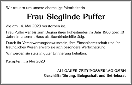 Traueranzeige von Sieglinde Puffer von Allgäuer Zeitung,Kempten