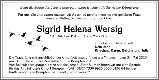 Traueranzeige von Sigrid Helena Wersig von Allgäuer Zeitung,Kempten