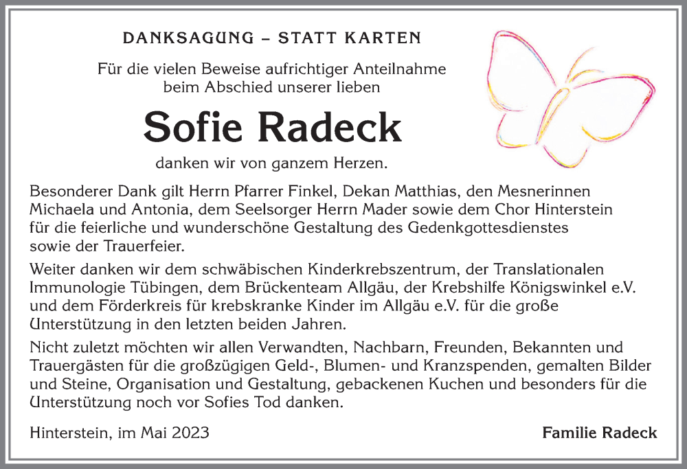  Traueranzeige für Sofie Radeck vom 13.05.2023 aus Allgäuer Anzeigeblatt