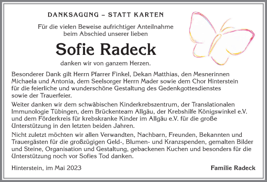 Traueranzeige von Sofie Radeck von Allgäuer Anzeigeblatt