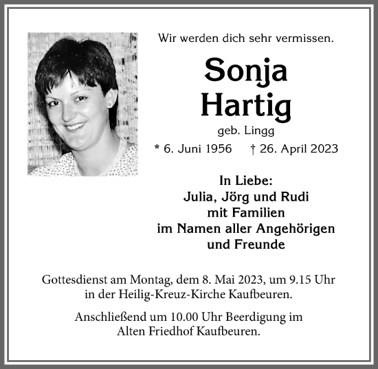 Traueranzeige von Sonja Hartig von Allgäuer Zeitung, Kaufbeuren/Buchloe