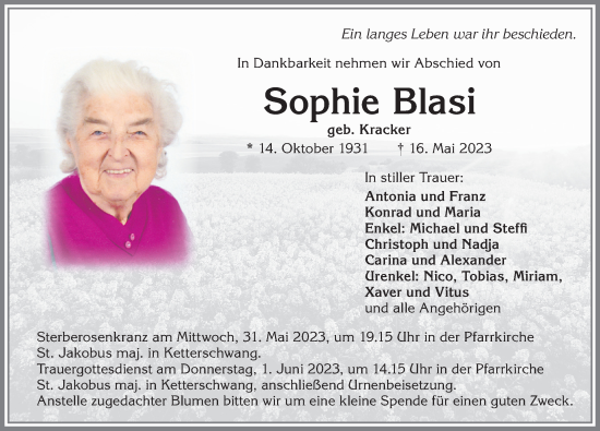 Traueranzeige von Sophie Blasi von Allgäuer Zeitung, Kaufbeuren/Buchloe