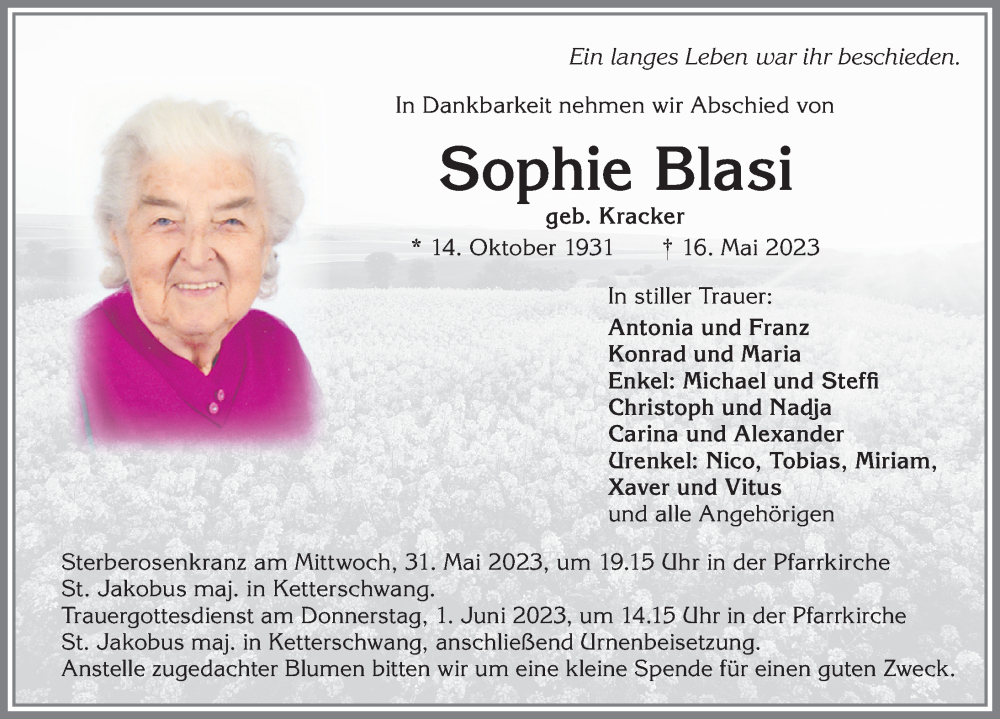  Traueranzeige für Sophie Blasi vom 26.05.2023 aus Allgäuer Zeitung, Kaufbeuren/Buchloe