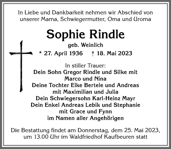 Traueranzeige von Sophie Rindle von Allgäuer Zeitung, Kaufbeuren/Buchloe