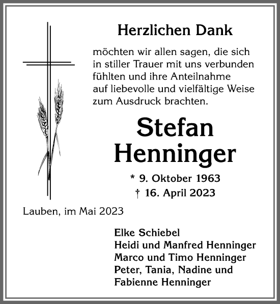 Traueranzeige von Stefan Henninger von Allgäuer Zeitung,Kempten